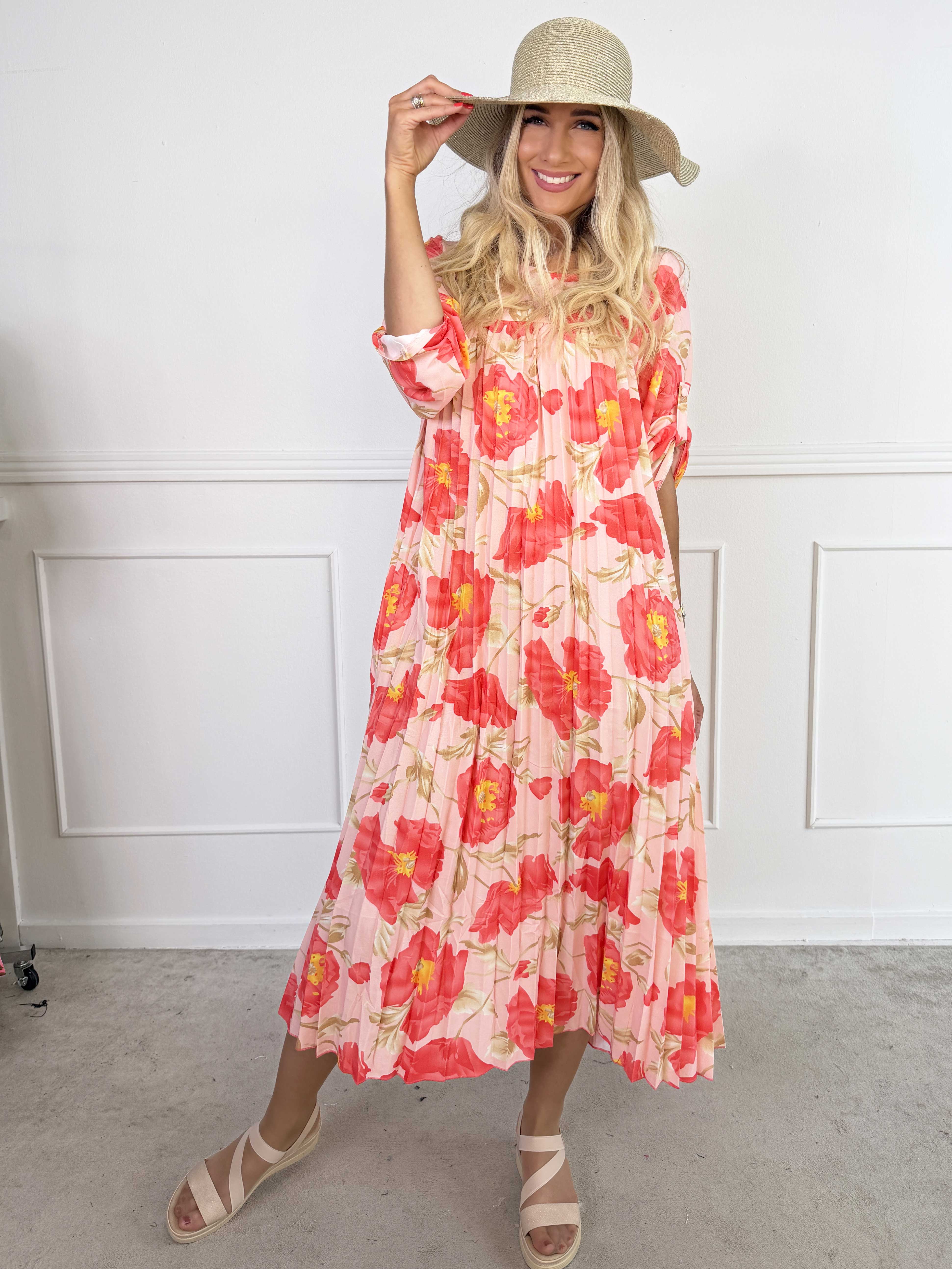 Nannie Botanic - Lang plisseret kjole med blomstermotiver